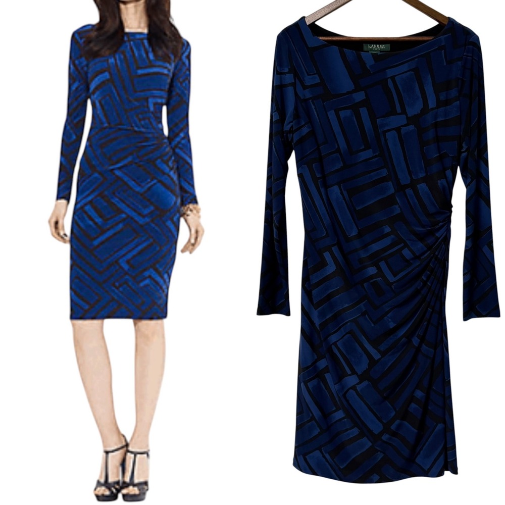 Lauren Ralph Lauren Dress Womens 10 Sheath Blue Black Geometric Ruched Stretch